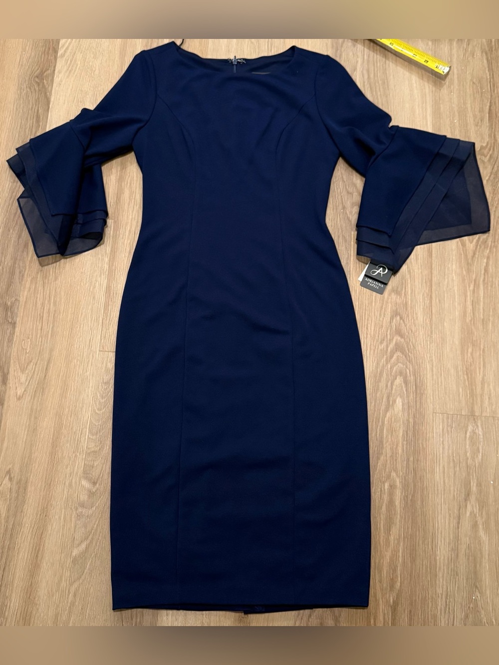 NWT Adrianna Papell Navy blue Tiered Bell Sleeve Knit Crepe Sheath Midi Dress 2